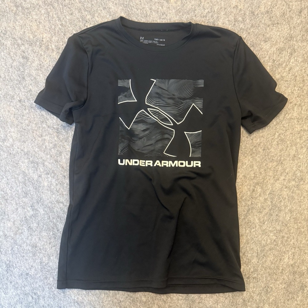 Under Armour Boys YMD Medium HeatGear Shirt Black Graphic Athletic Performance